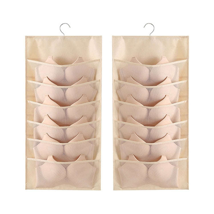 6+6 Grids Underwear Storage Bag Non-woven Double-sided Hanging Storage Bag(Beige)