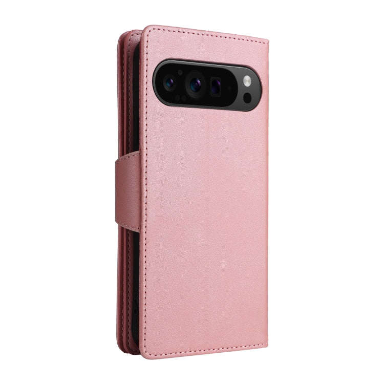 For Google Pixel 9 Pro Rivet Buckle 9 Cards Three Fold Leather Phone Case(Rose Gold)