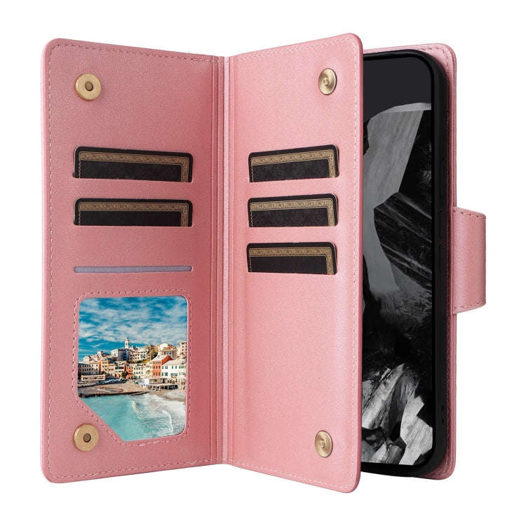For Google Pixel 9 Pro Rivet Buckle 9 Cards Three Fold Leather Phone Case(Rose Gold)