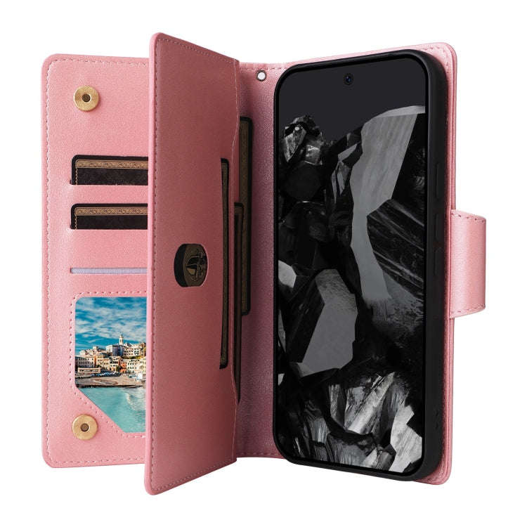 For Google Pixel 9 Pro Rivet Buckle 9 Cards Three Fold Leather Phone Case(Rose Gold)