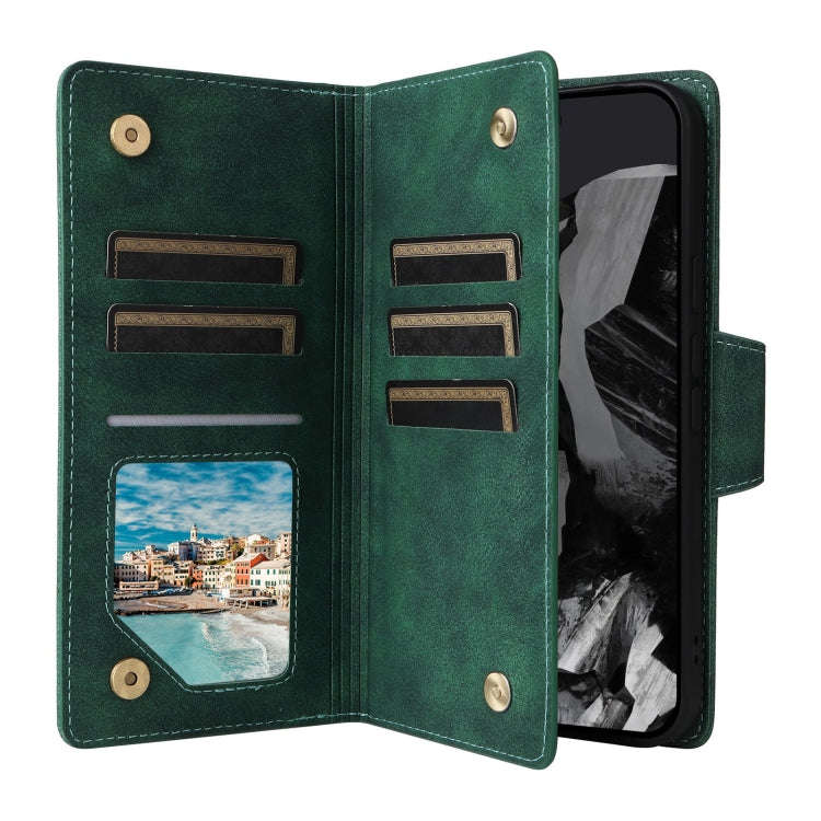 For Google Pixel 9 Pro Rivet Buckle 9 Cards Three Fold Leather Phone Case(Green)