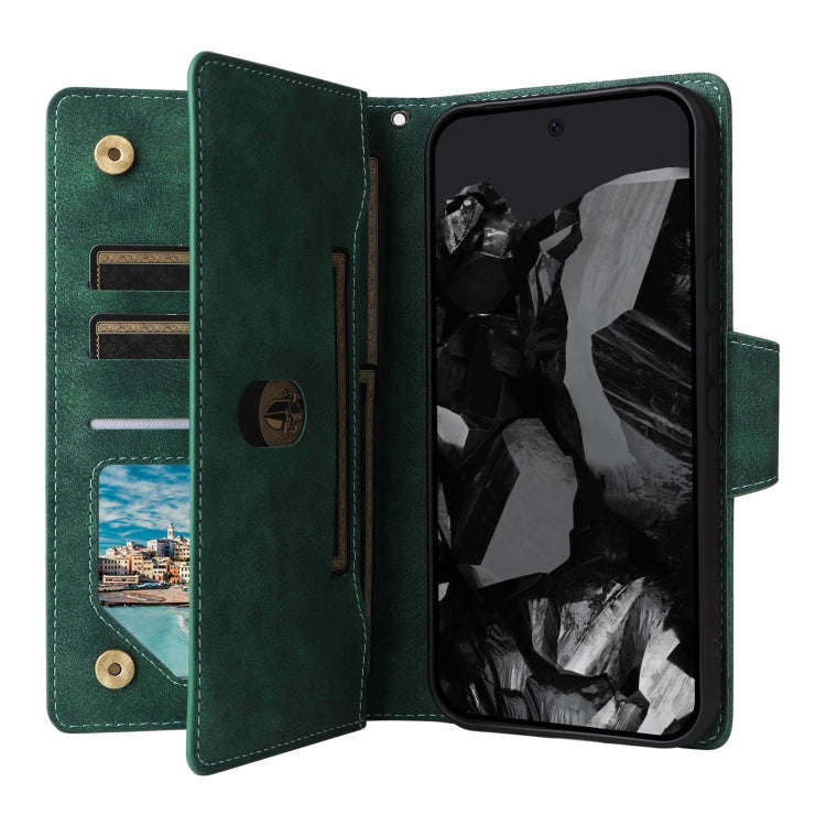 For Google Pixel 9 Pro Rivet Buckle 9 Cards Three Fold Leather Phone Case(Green)