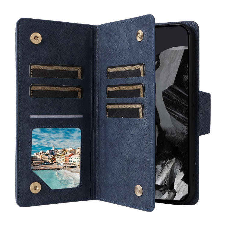 For Google Pixel 9 Pro Rivet Buckle 9 Cards Three Fold Leather Phone Case(Blue)