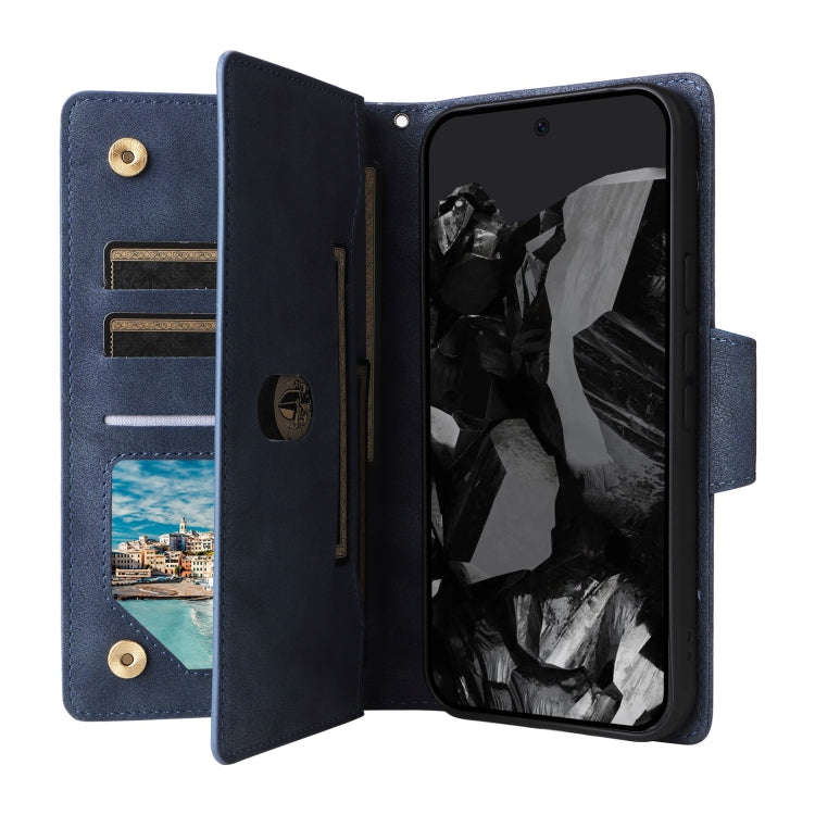 For Google Pixel 9 Pro Rivet Buckle 9 Cards Three Fold Leather Phone Case(Blue)