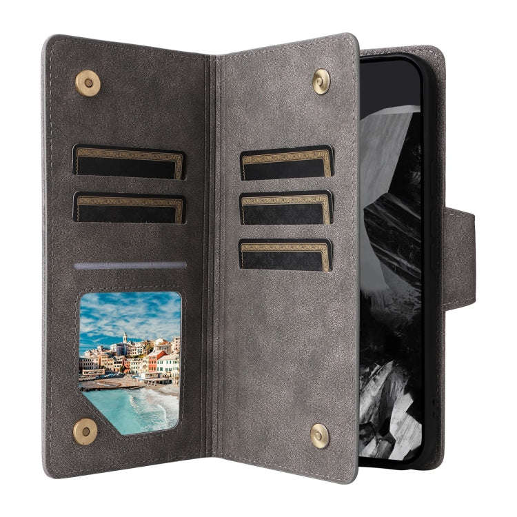For Google Pixel 9 Pro Rivet Buckle 9 Cards Three Fold Leather Phone Case(Grey)
