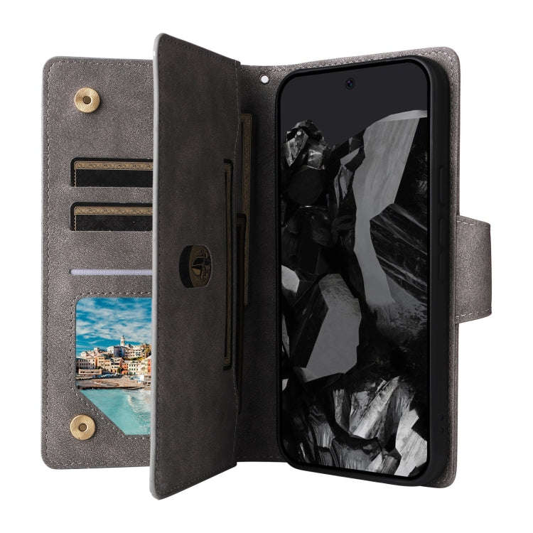 For Google Pixel 9 Pro Rivet Buckle 9 Cards Three Fold Leather Phone Case(Grey)