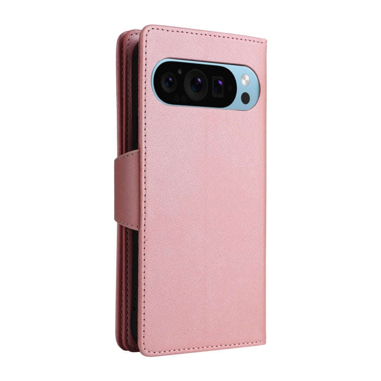 For Google Pixel 9 Rivet Buckle 9 Cards Three Fold Leather Phone Case(Rose Gold)