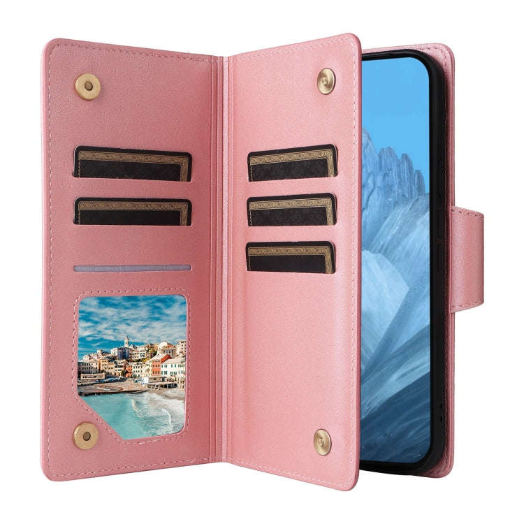 For Google Pixel 9 Rivet Buckle 9 Cards Three Fold Leather Phone Case(Rose Gold)