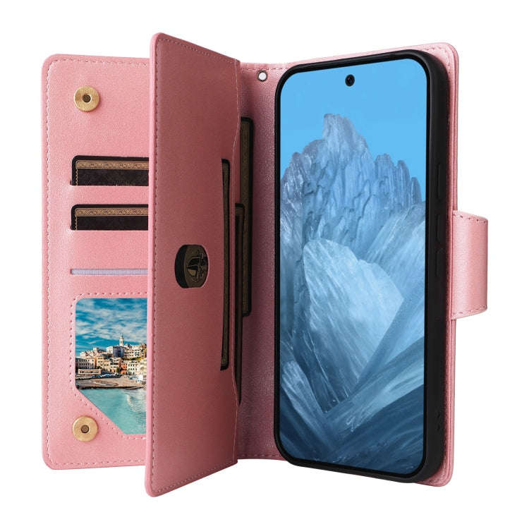 For Google Pixel 9 Rivet Buckle 9 Cards Three Fold Leather Phone Case(Rose Gold)