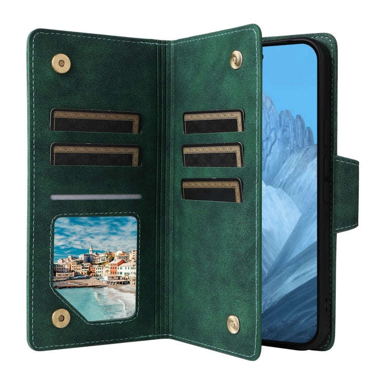For Google Pixel 9 Rivet Buckle 9 Cards Three Fold Leather Phone Case(Green)