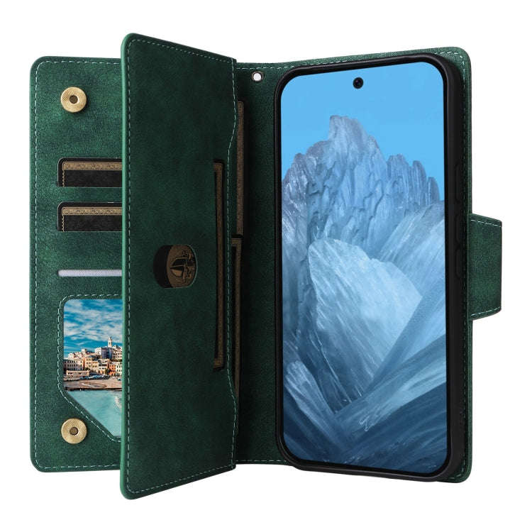 For Google Pixel 9 Rivet Buckle 9 Cards Three Fold Leather Phone Case(Green)