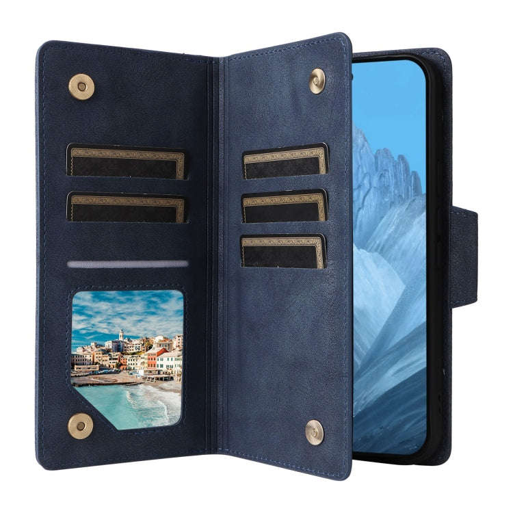 For Google Pixel 9 Rivet Buckle 9 Cards Three Fold Leather Phone Case(Blue)