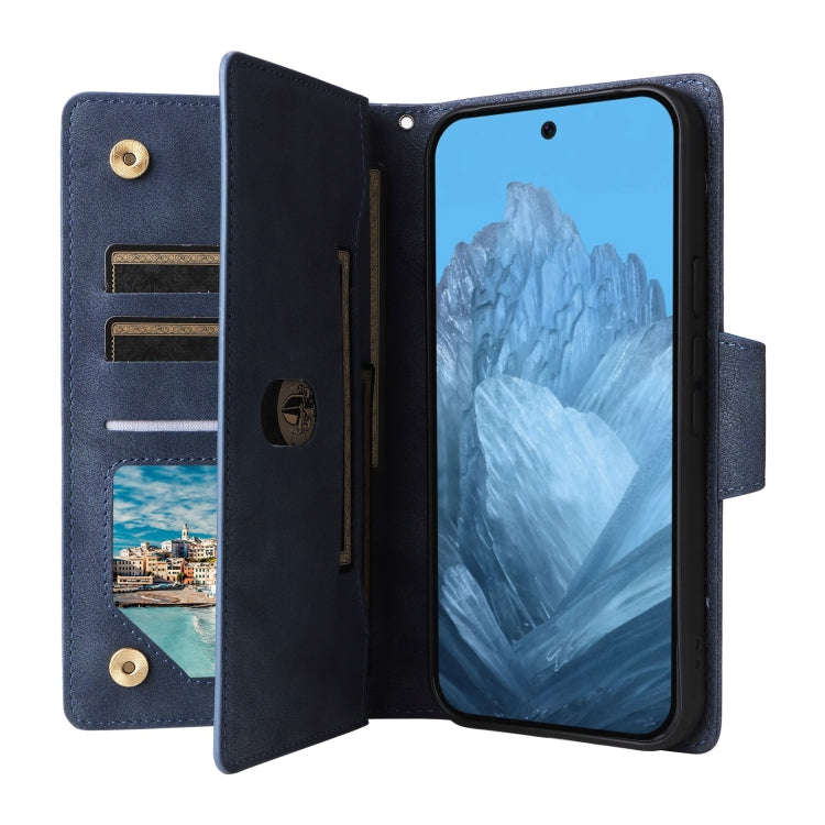 For Google Pixel 9 Rivet Buckle 9 Cards Three Fold Leather Phone Case(Blue)