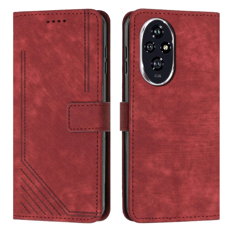 For Honor 200 Skin Feel Stripe Pattern Leather Phone Case with Lanyard(Red)