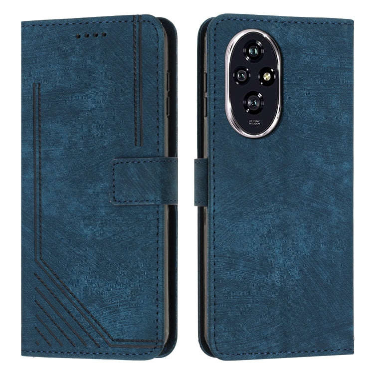 For Honor 200 Skin Feel Stripe Pattern Leather Phone Case with Lanyard(Blue)