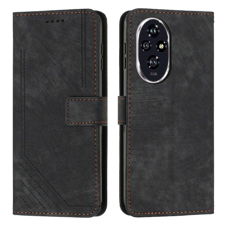 For Honor 200 Skin Feel Stripe Pattern Leather Phone Case with Lanyard(Black)