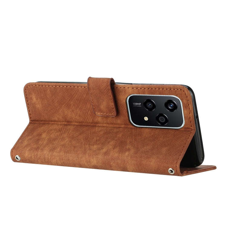 For Honor 200 Lite Global Skin Feel Stripe Pattern Leather Phone Case with Lanyard(Brown)