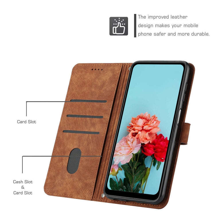 For Honor 200 Lite Global Skin Feel Stripe Pattern Leather Phone Case with Lanyard(Brown)