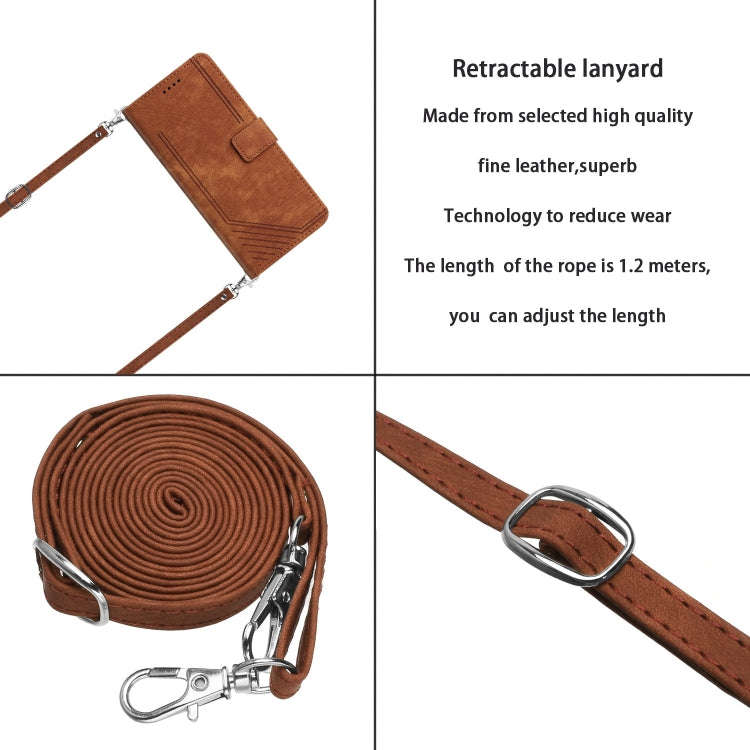 For Honor 200 Lite Global Skin Feel Stripe Pattern Leather Phone Case with Lanyard(Brown)