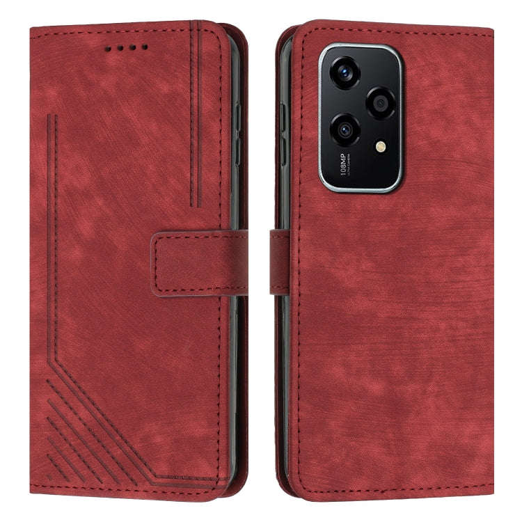 For Honor 200 Lite Global Skin Feel Stripe Pattern Leather Phone Case with Lanyard(Red)