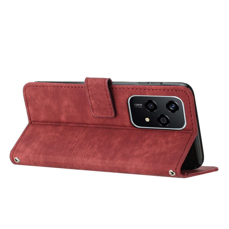 For Honor 200 Lite Global Skin Feel Stripe Pattern Leather Phone Case with Lanyard(Red)