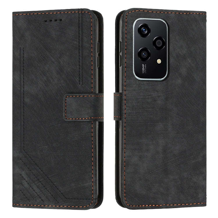 For Honor 200 Lite Global Skin Feel Stripe Pattern Leather Phone Case with Lanyard(Black)