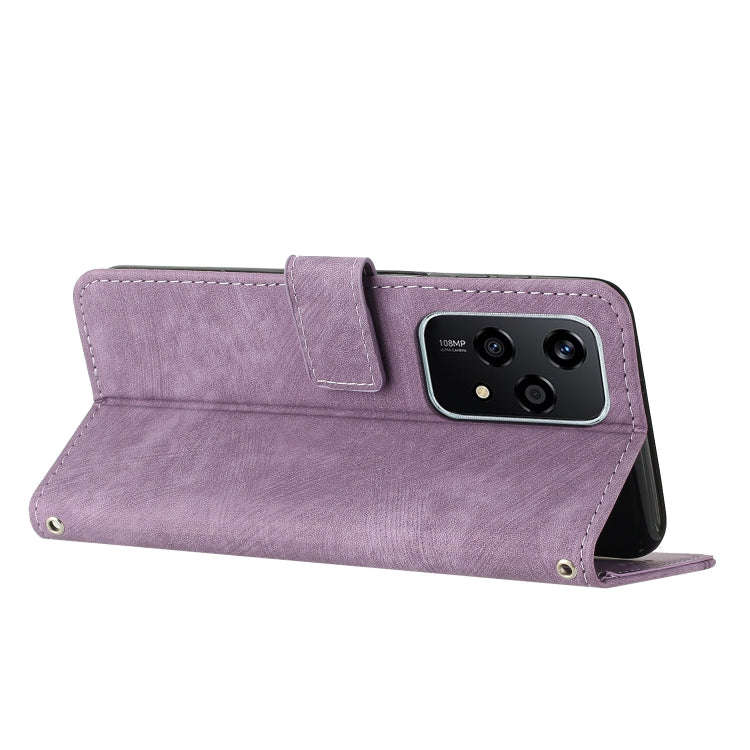 For Honor 200 Lite Global Skin Feel Stripe Pattern Leather Phone Case with Lanyard(Purple)