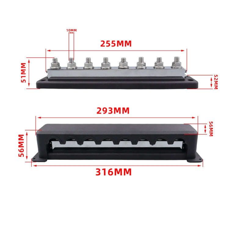 RV 600A High Current busbar 8-way Straight M10 Wiring Studs(Black)