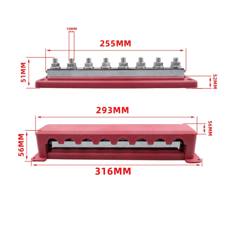 RV 600A High Current busbar 8-way Straight M10 Wiring Studs(Red)