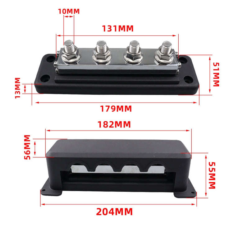RV 600A High Current Busbar 4-way Straight M10 Wiring Studs(Black)