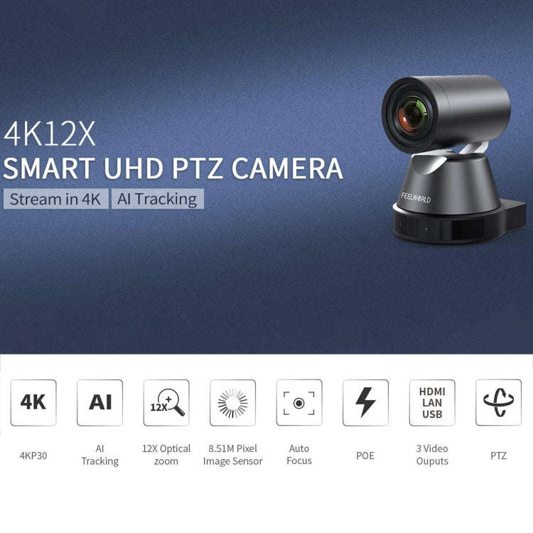 FEELWORLD 4K12X 4K PTZ Camera 12X Optical Zoom AI Tracking HDMI USB IP Remote Control(US Plug)