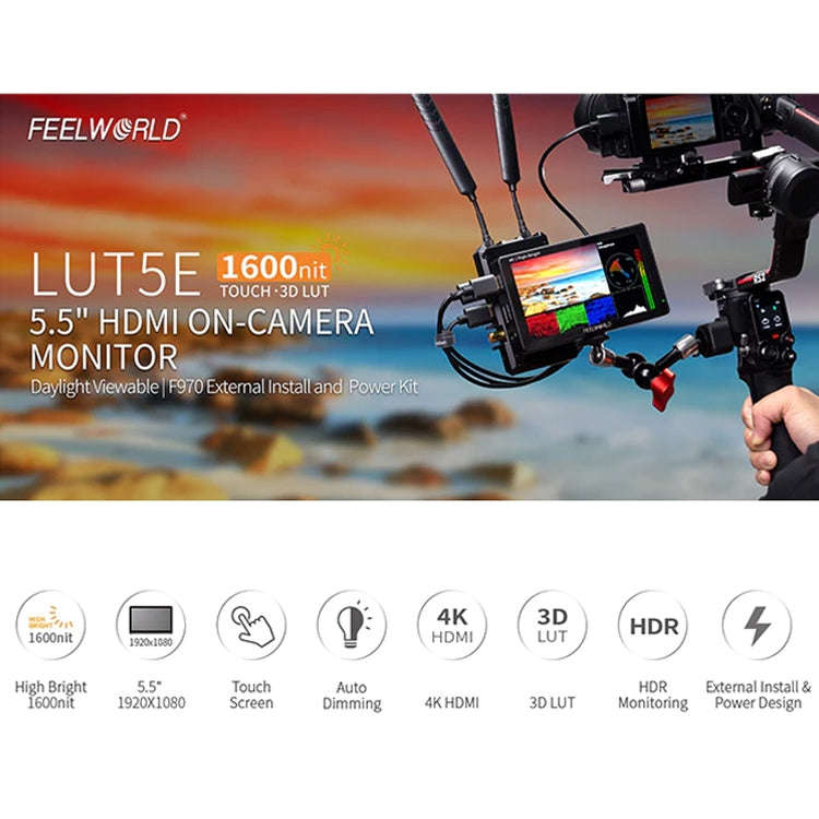FEELWORLD LUT5E 5.5 inch High Bright 1600nit Touch Screen DSLR Camera Field Monitor F970 External...