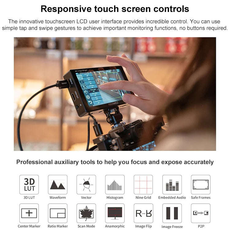 FEELWORLD LUT5E 5.5 inch High Bright 1600nit Touch Screen DSLR Camera Field Monitor F970 External...