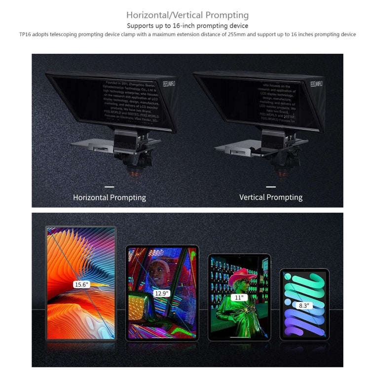 FEELWORLD TP16 16 inch Tablet Horizontal Vertical Prompting Folding Teleprompter, Bluetooth Remot...