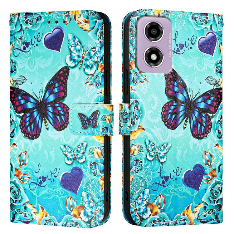 For Motorola Moto E14 Colored Drawing Pattern Plain Weave Leather Phone Case(Caring Butterfly)