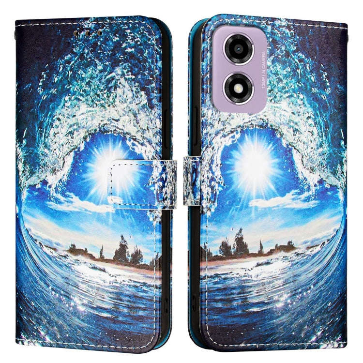 For Motorola Moto E14 Colored Drawing Pattern Plain Weave Leather Phone Case(Waves And Sun)