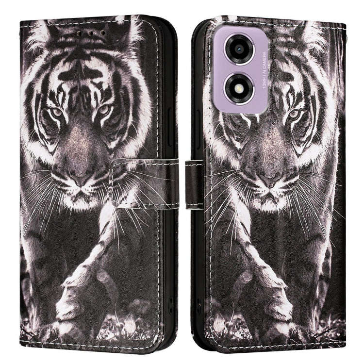 For Motorola Moto E14 Colored Drawing Pattern Plain Weave Leather Phone Case(Black And White Tiger)