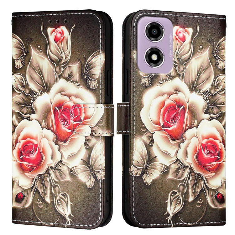 For Motorola Moto E14 Colored Drawing Pattern Plain Weave Leather Phone Case(Roses On Black)