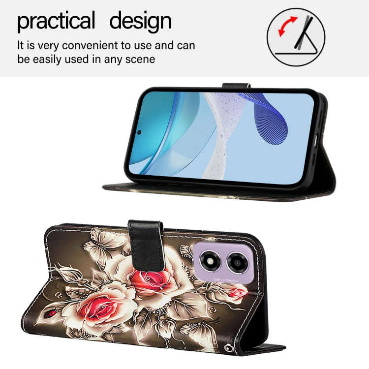 For Motorola Moto E14 Colored Drawing Pattern Plain Weave Leather Phone Case(Roses On Black)