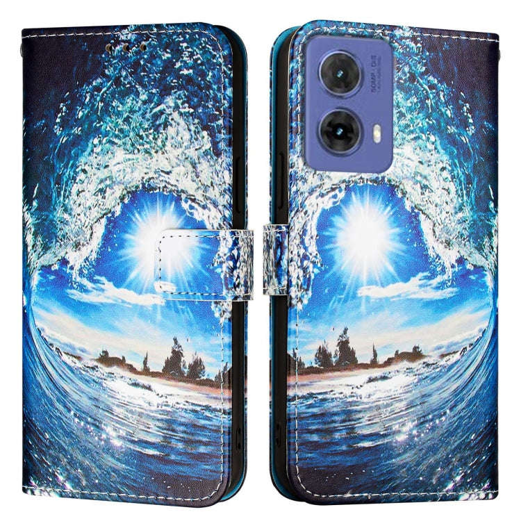 For Motorola Moto G85 Colored Drawing Pattern Plain Weave Leather Phone Case(Waves And Sun)