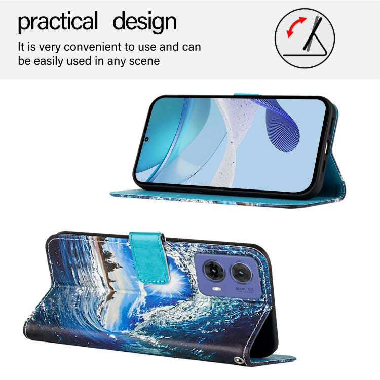 For Motorola Moto G85 Colored Drawing Pattern Plain Weave Leather Phone Case(Waves And Sun)
