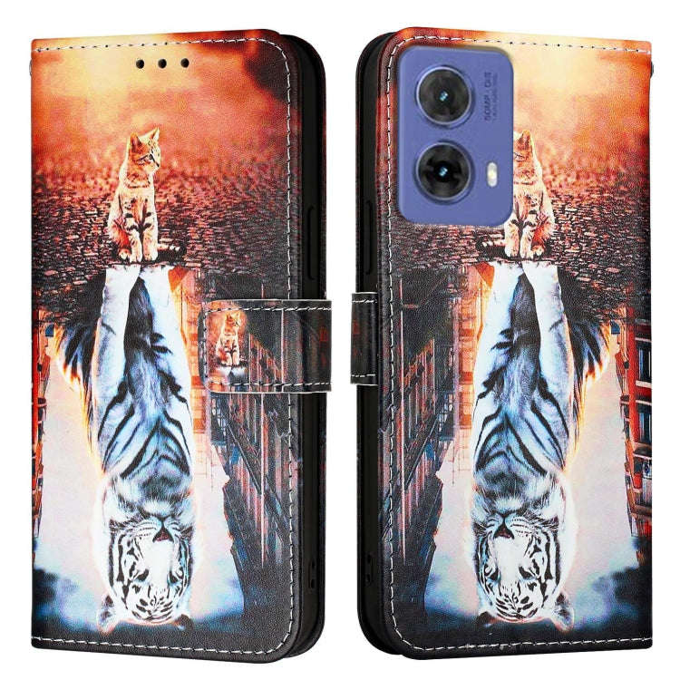 For Motorola Moto G85 Colored Drawing Pattern Plain Weave Leather Phone Case(Cats And Tigers)
