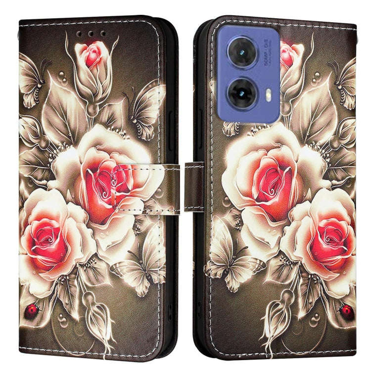 For Motorola Moto G85 Colored Drawing Pattern Plain Weave Leather Phone Case(Roses On Black)