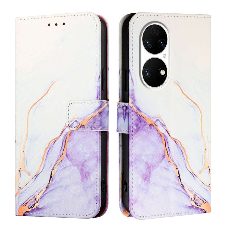 For Huawei P50 PT003 Marble Pattern Flip Leather Phone Case(White Purple)