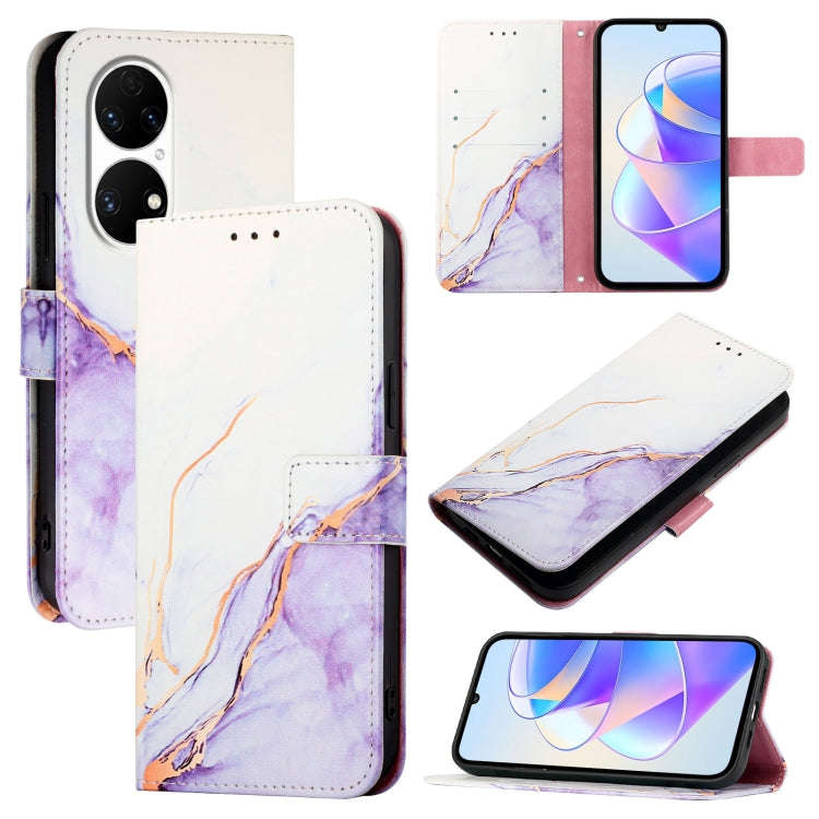 For Huawei P50 Pro PT003 Marble Pattern Flip Leather Phone Case(White Purple)