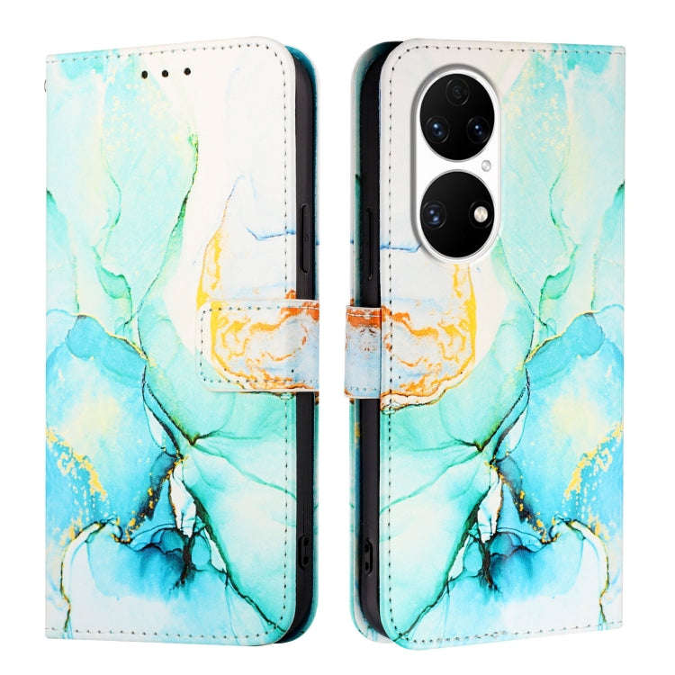 For Huawei P50 Pro PT003 Marble Pattern Flip Leather Phone Case(Green)