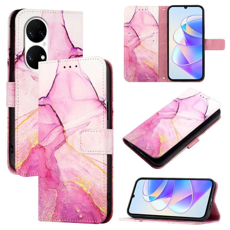 For Huawei P50 Pro PT003 Marble Pattern Flip Leather Phone Case(Pink Purple Gold)