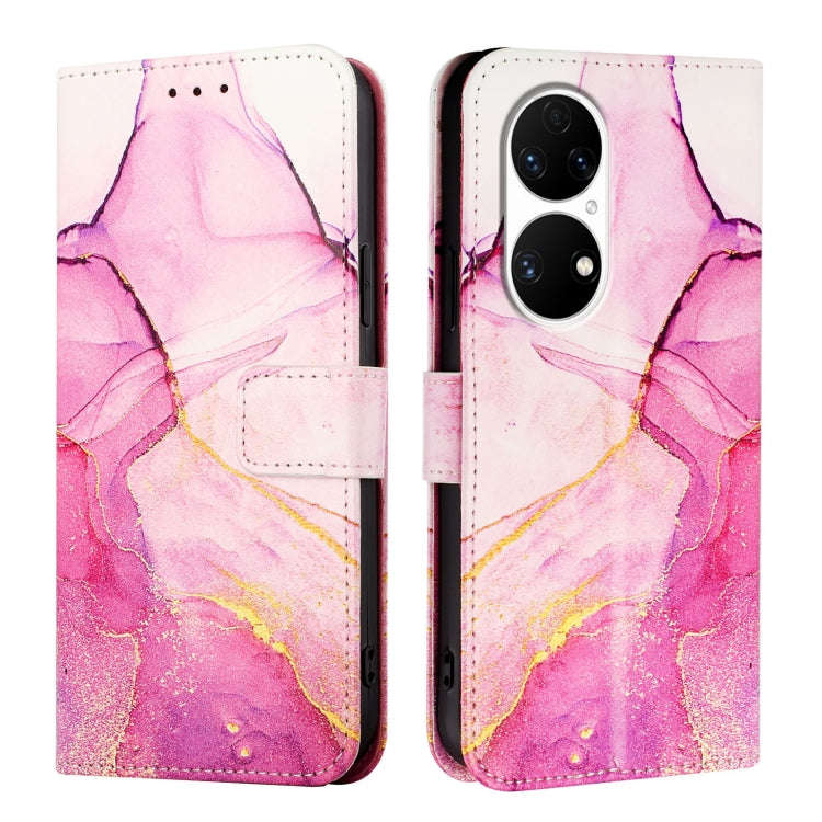For Huawei P50 Pro PT003 Marble Pattern Flip Leather Phone Case(Pink Purple Gold)