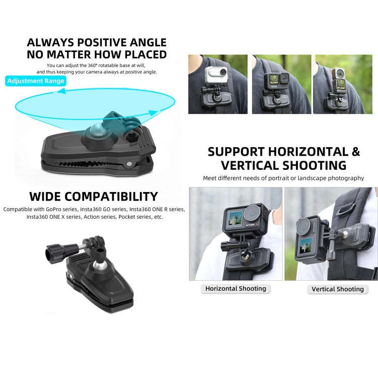 Sunnylife 360 Degree Rotation Swivel Backpack Clip Magnetic Suction Action Camera Mount(Black)