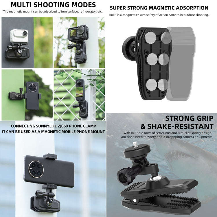 Sunnylife 360 Degree Rotation Swivel Backpack Clip Magnetic Suction Action Camera Mount(Black)